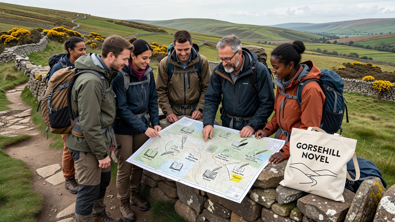 Group of amateur cartographers comparing literary annotations on printed maps at a Gorsehill viewpoint