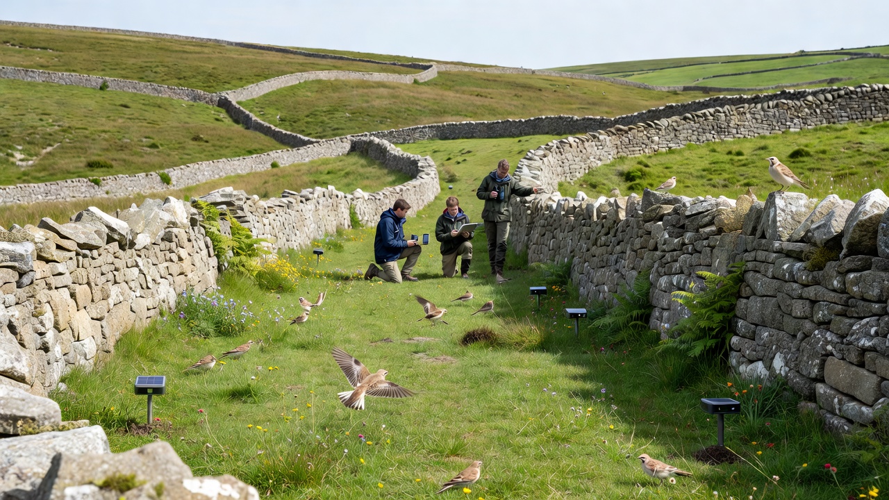 Field researchers using acoustic monitors and survey equipment near dry stone walls in Gorsehill