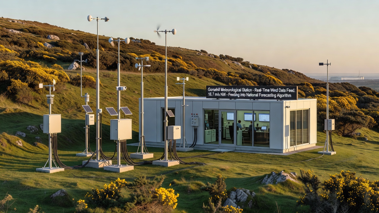 Technicians reviewing real-time wind data feeds from Gorsehill stations during a storm event
